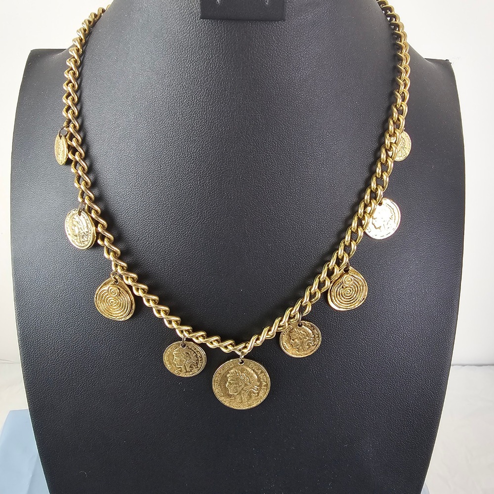 Vintage Gold Tone Coin Charm Curb Chain Necklace Republique Francaise 18 Inch
